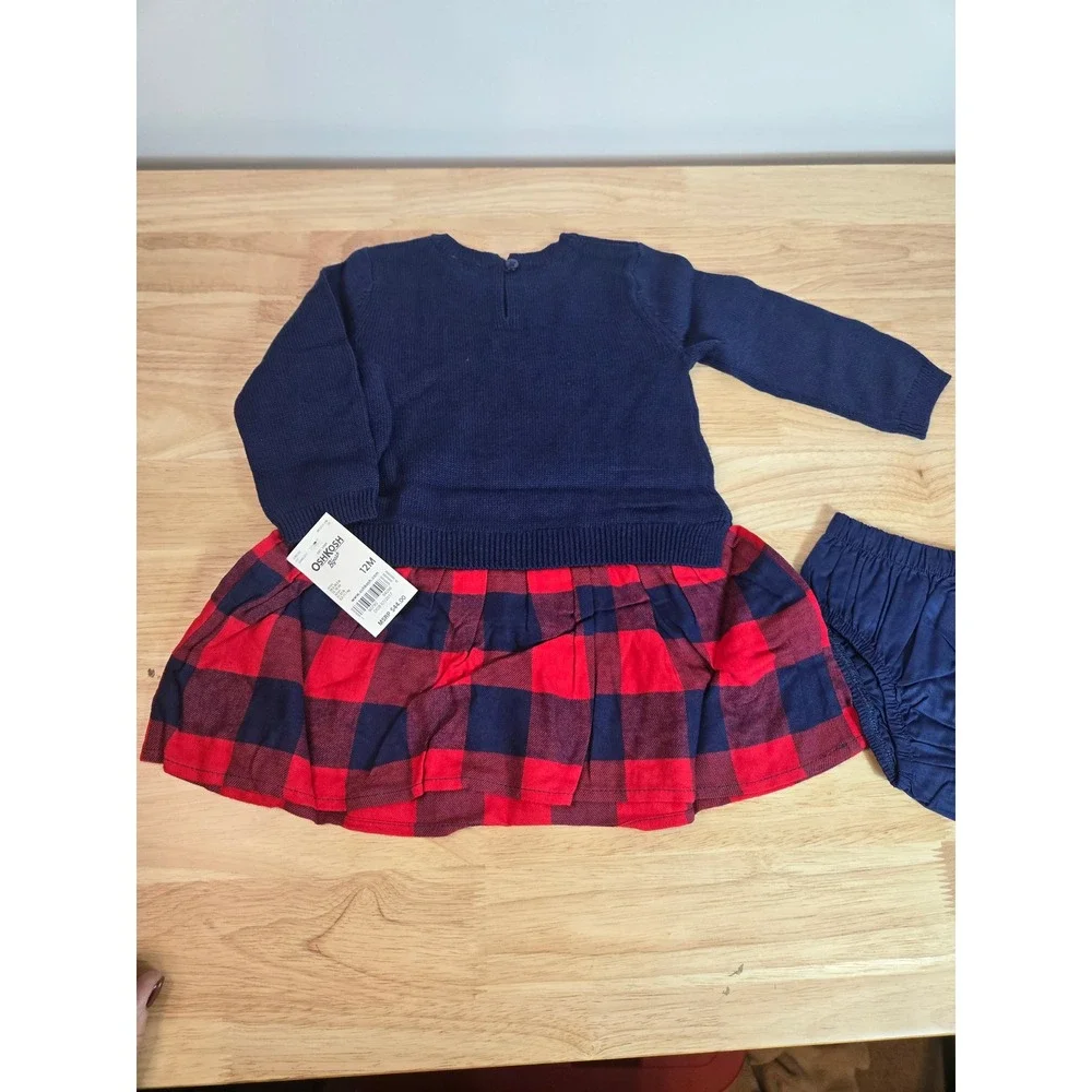 OshKosh Bgosh Baby Girls Navy Red Buffalo Plaid Sweater Dress Set 12M NWT